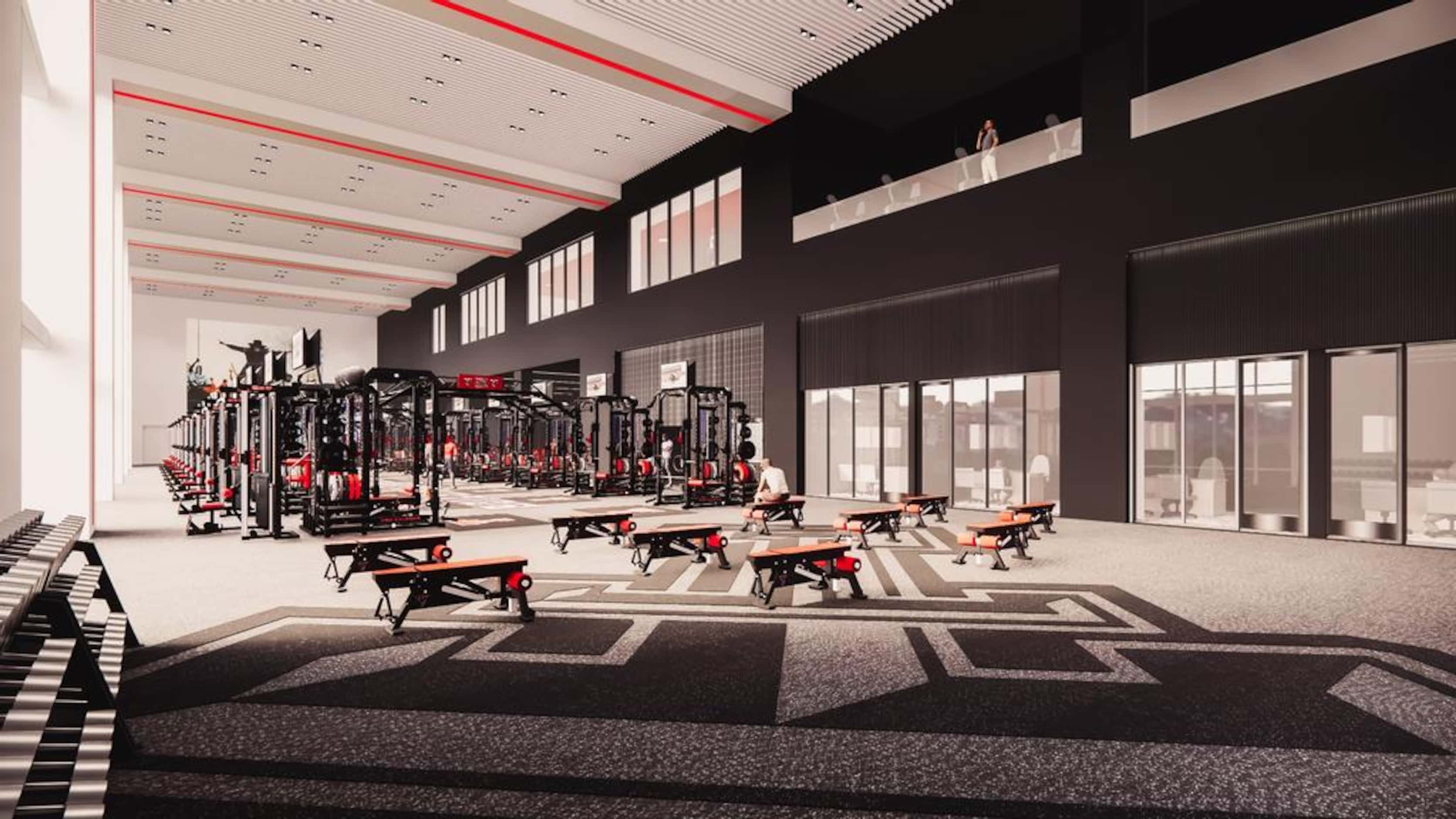 Rendering of a weight room in the Dustin R. Womble Football Center. (Courtesy of Texas Tech...