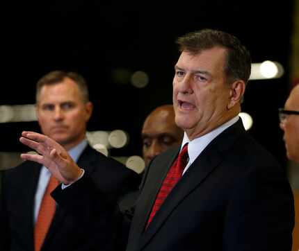 Dallas Mayor Mike Rawlings speaks during a news conference at the Kay Bailey Hutchison...
