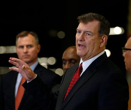 Dallas Mayor Mike Rawlings speaks during a news conference at the Kay Bailey Hutchison...