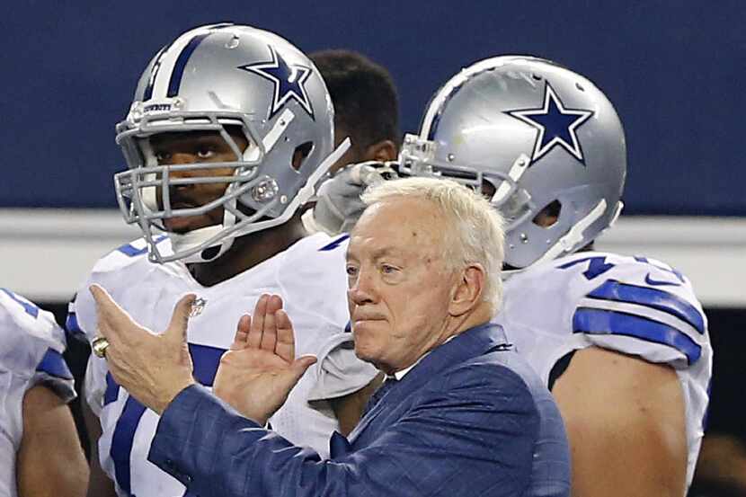 Dallas Cowboys wonewr Jerry Jones made an appearance on the sideline to cheer on his team in...