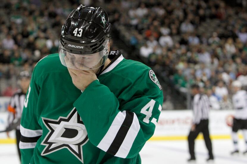 Dallas Stars right wing Valeri Nichushkin (43) skates off the ice after taking a stick to...