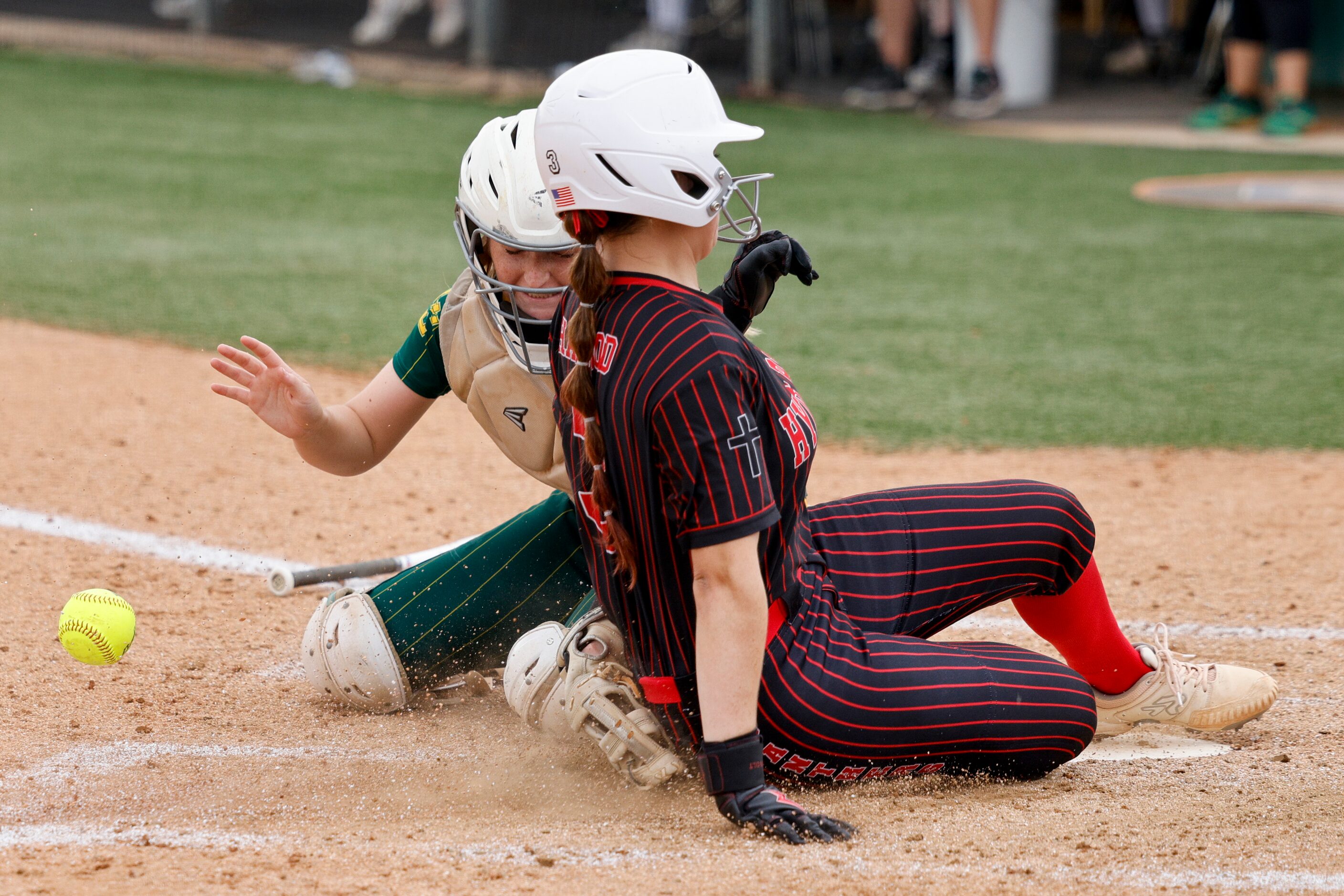 Austin Hyde Park Baptist pitcher Taylor Haywood (3) slides safely into home as Frisco Legacy...