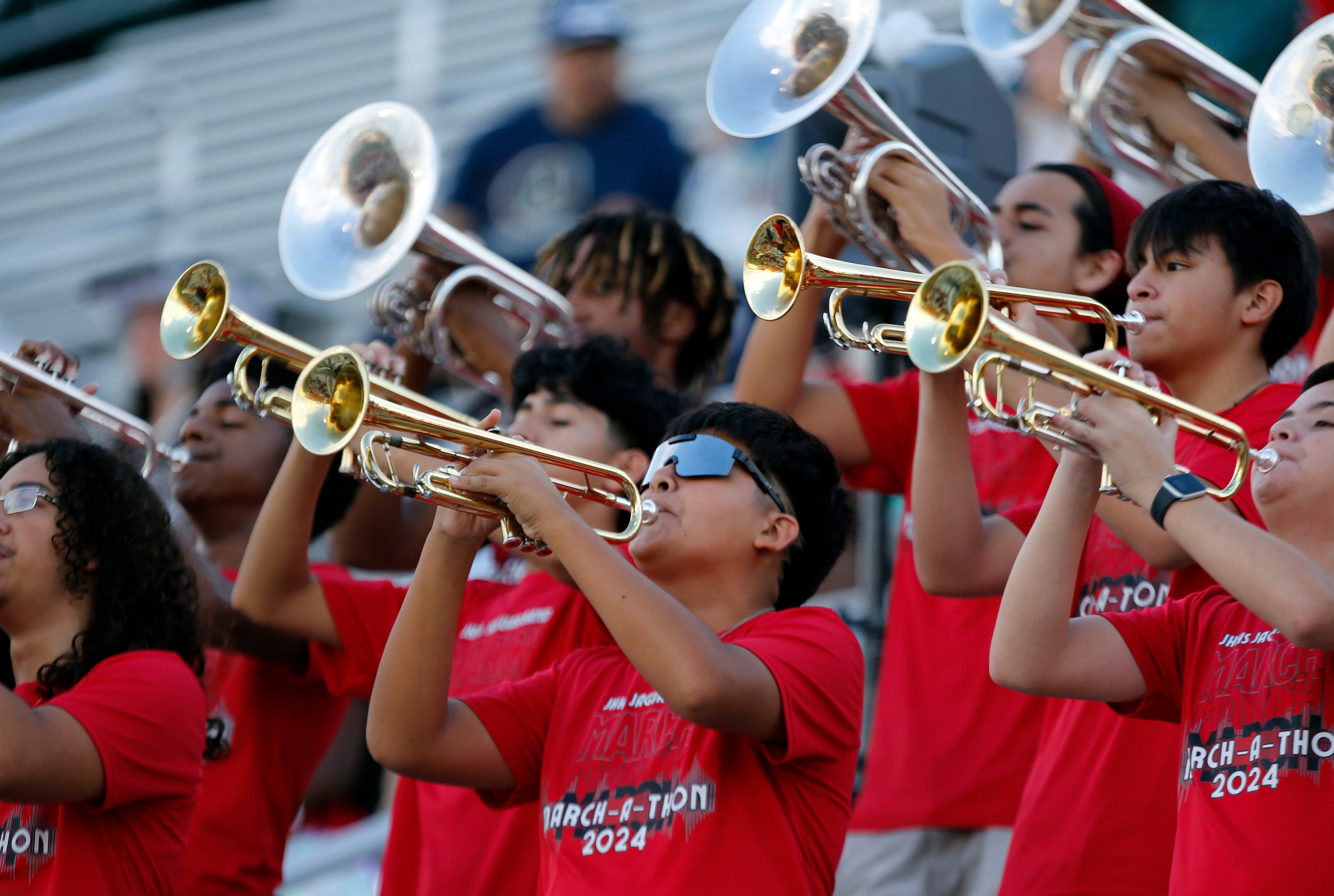 The Mesquite Horn high band plays before the start of the first half of a high school...