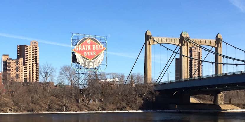 This billboard on Minneapolis' Third Avenue Bridge recalls when Grain Belt beer was brewed...