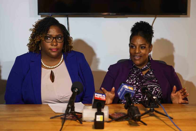 Timothy Simpkins' lawyers from left, MarQuetta Clayton and Kim Cole during a press...