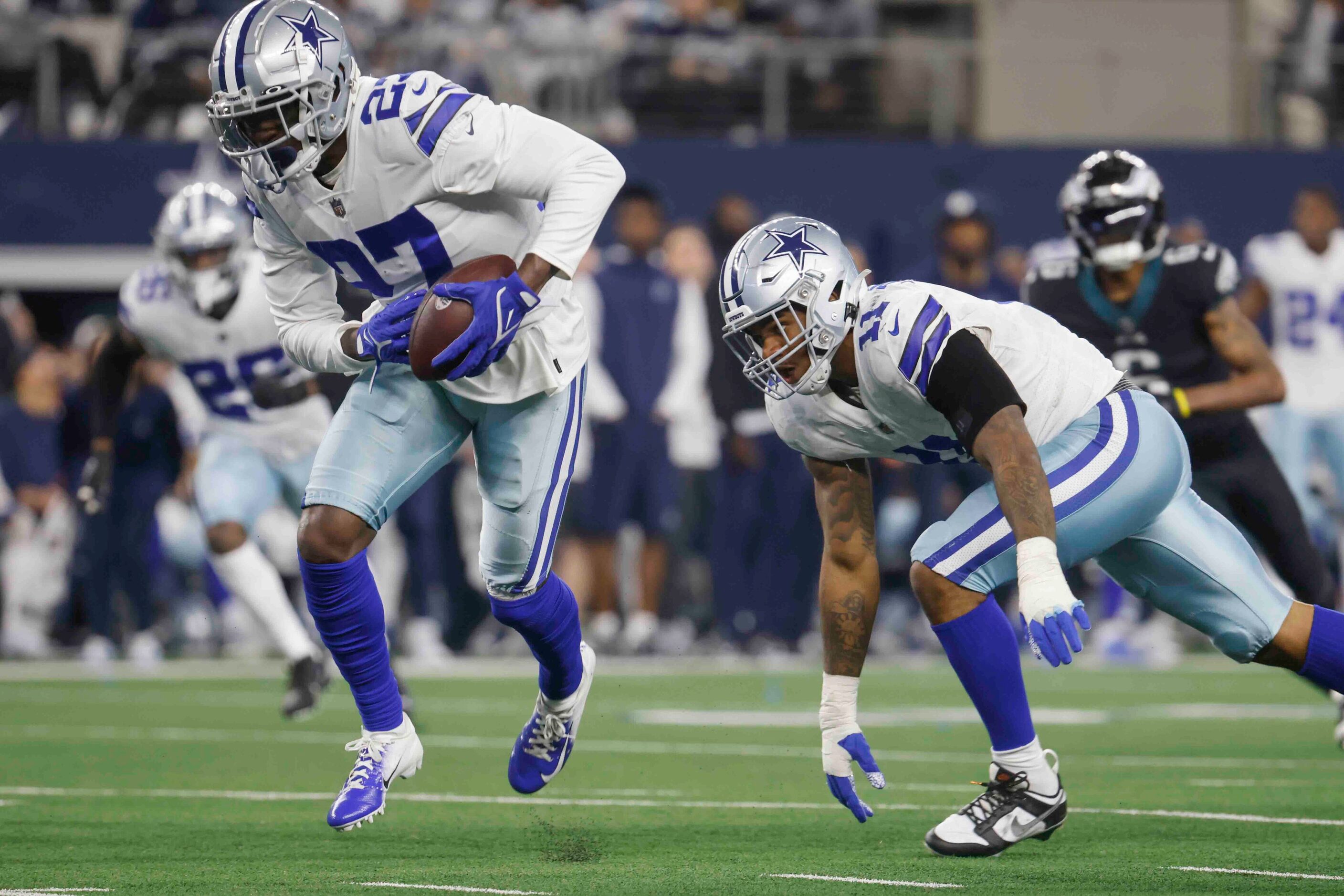 Dallas Cowboys safety Jayron Kearse (27) runs after intercepting against Philadelphia Eagles...