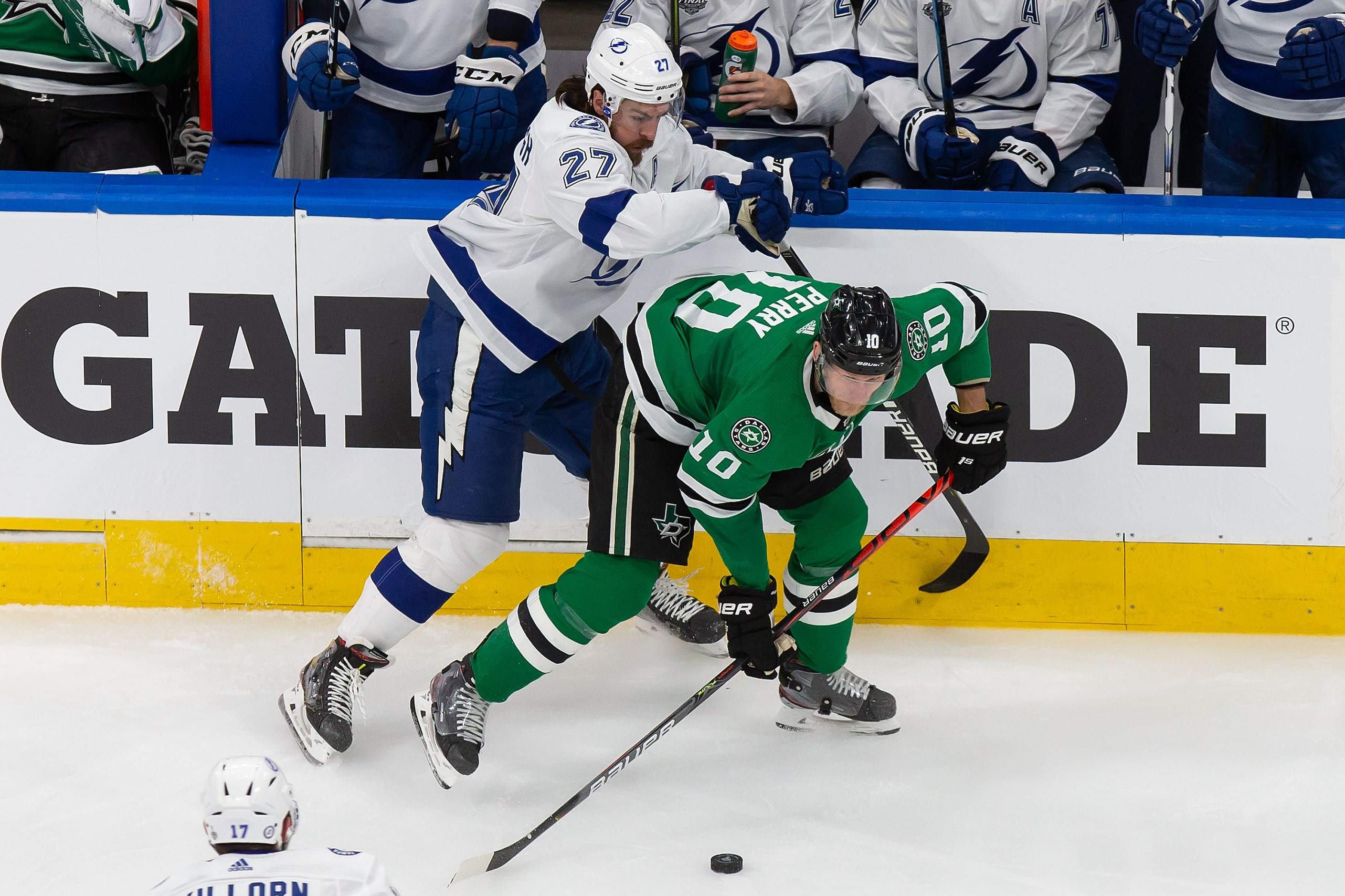 Corey Perry (10) of the Dallas Stars battles against Ryan McDonagh (27) of the Tampa Bay...