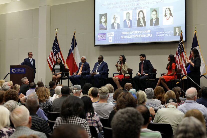 Candidates speak during a Democratic Senate candidate debate at the Collin College Preston...