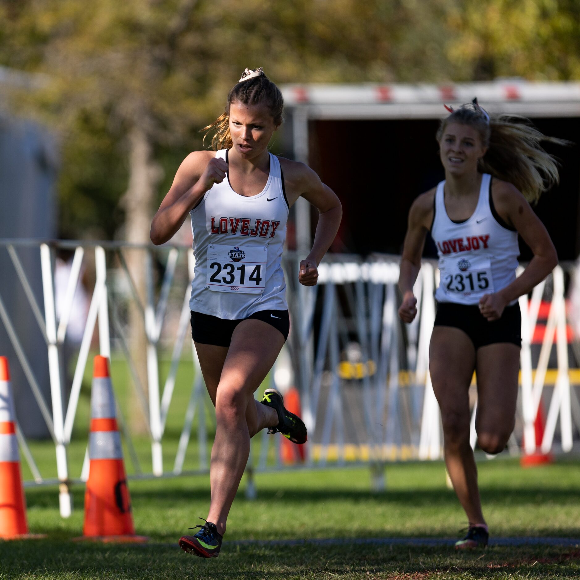 Amy Morefield of the Lovejoy Leopards competes in the 5A girls' 3200m race during the UIL...