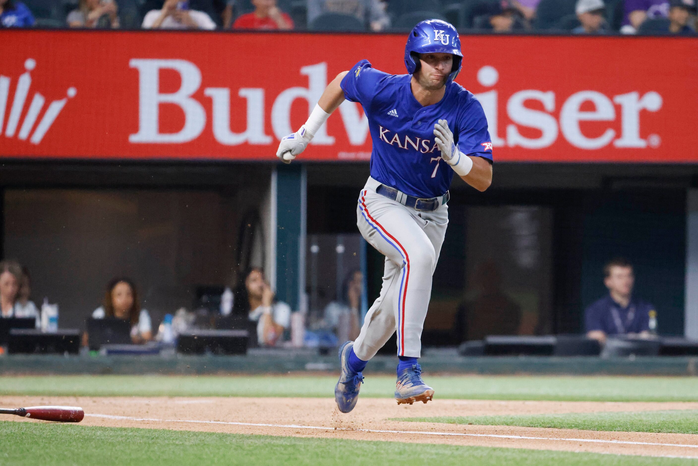 Kansas infielder Collier Cranford runs to the first base during the second inning of a...