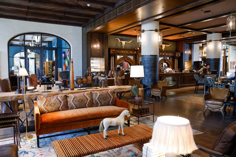 The lobby and bar area at the Bowie House hotel in Fort Worth.