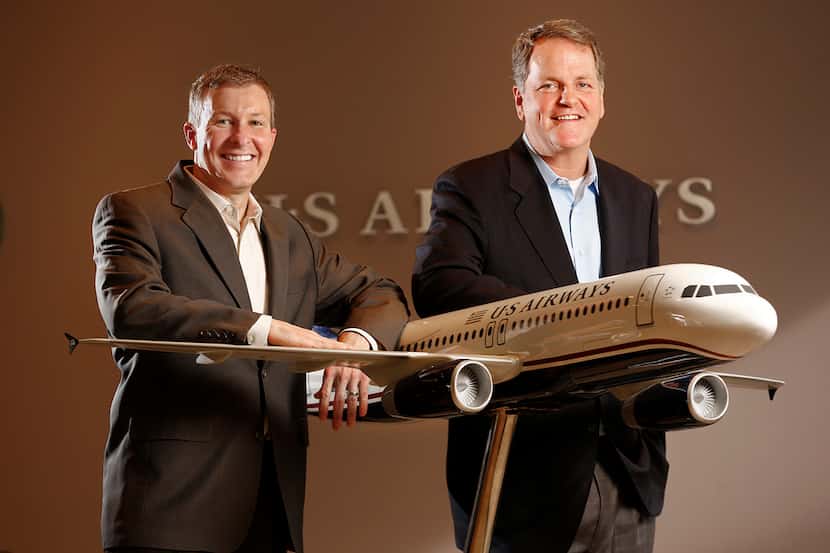 In 2013, when American Airlines bought US Airways, Scott Kirby (left) and Doug Parker posed...