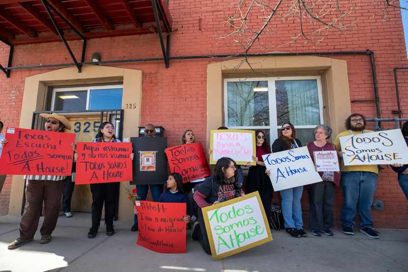 Local residents demonstrate their support for Annunciation House, Feb. 23, 2024, in El Paso,...