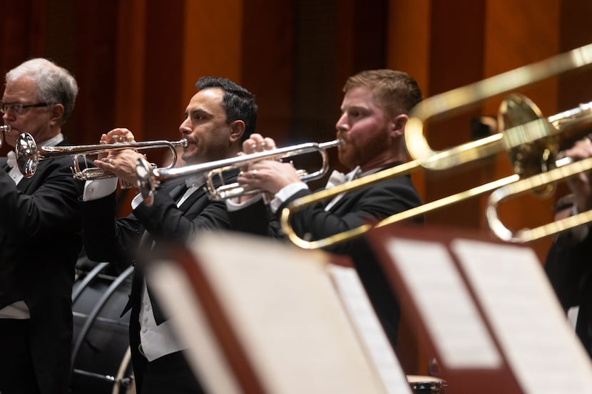 Trumpeter Oscar Garcia, second from left, performs during a Fort Worth Symphony Orchestra...