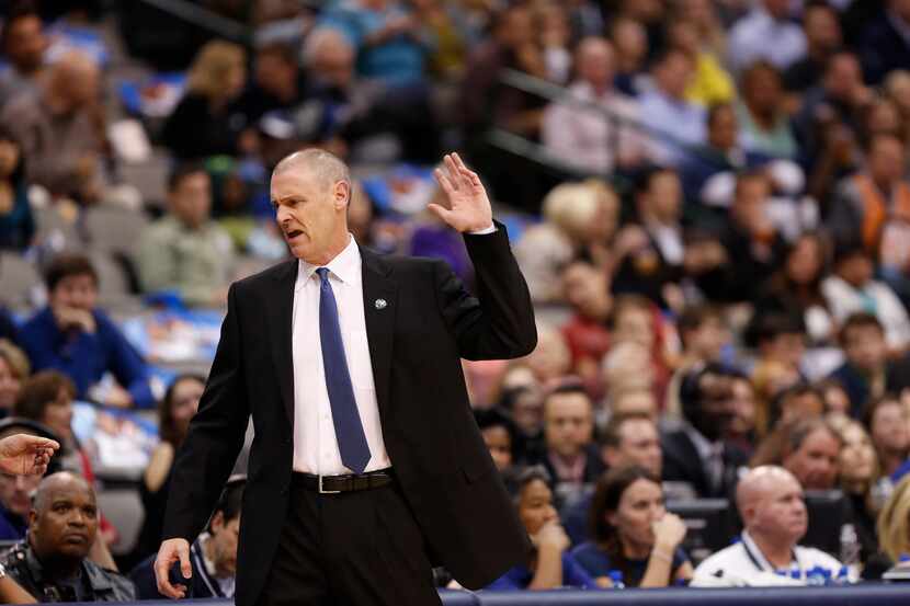 Head Coach Rick Carlisle of the Dallas Mavericks yells at the referees during a NBA...