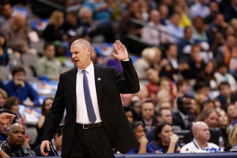 Head Coach Rick Carlisle of the Dallas Mavericks yells at the referees during a NBA...