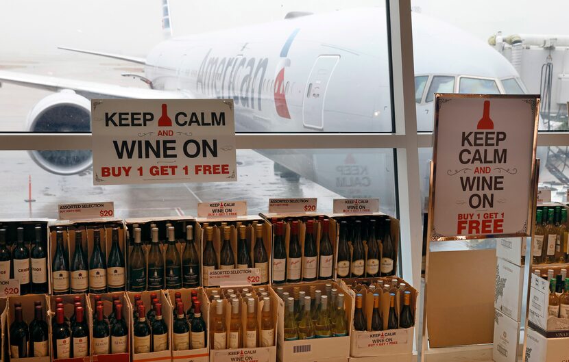 Boxes of wine are buy one, get one free at the TRG Duty Free shop in Terminal D.