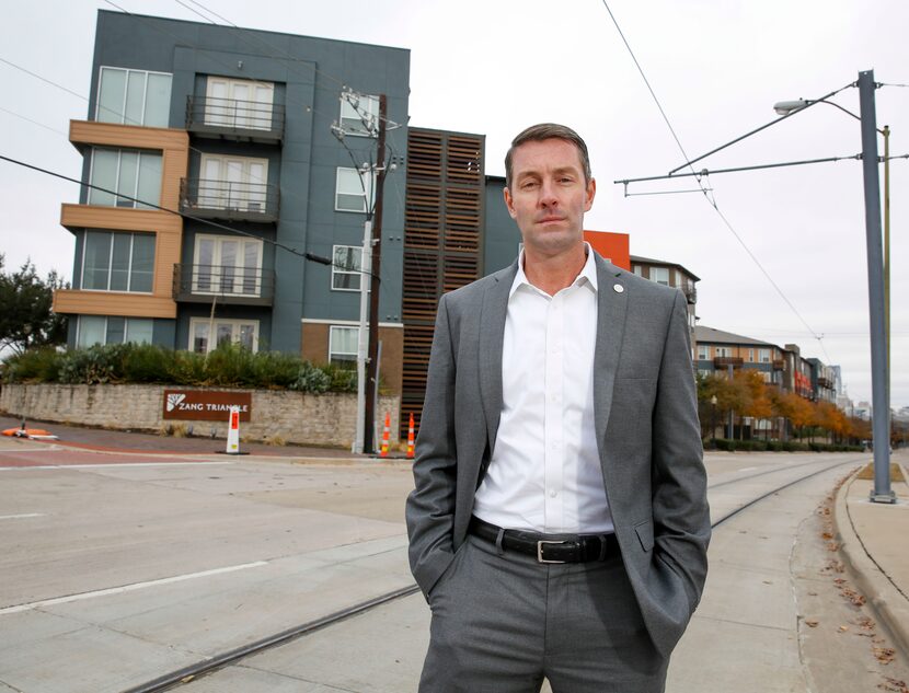 Dallas City Councilman Chad West standing on Zang Blvd. in the Oak Cliff neighborhood of...