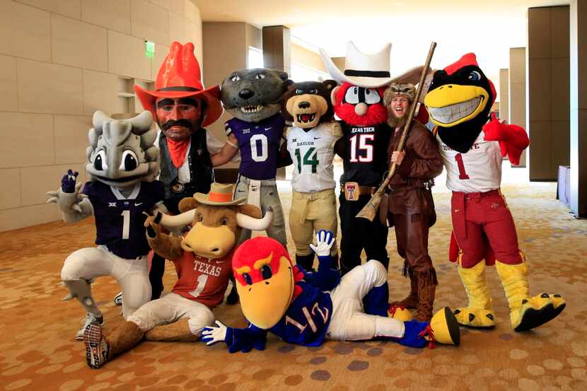 Jul 20, 2015; Dallas, TX, USA; Big 12 mascots pose for a photo during the Big 12 Media Days...
