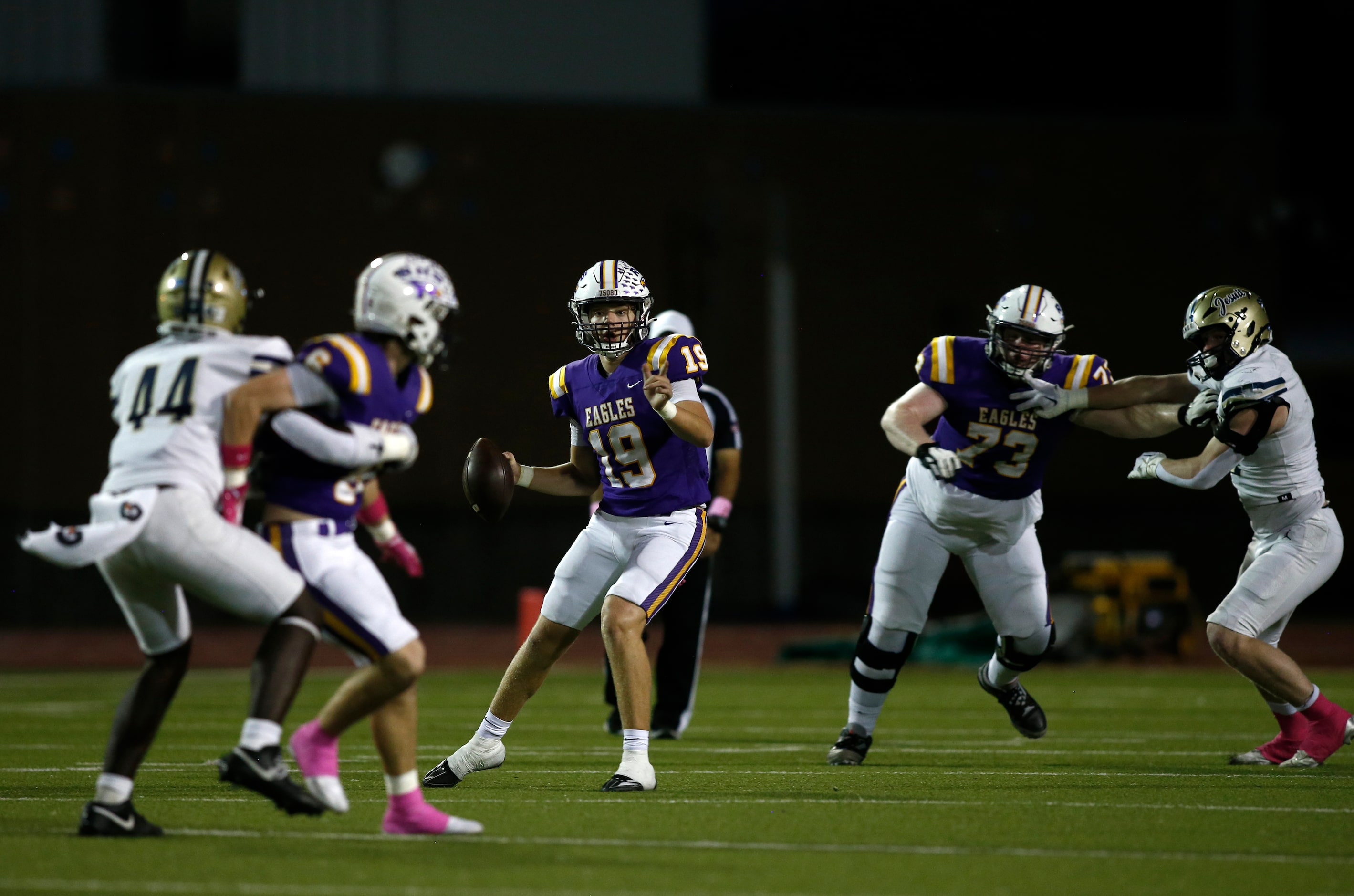 Richardson quarterback Lucas Sawyer (19) looks to pass as Jesuit linebacker Gabriel James...