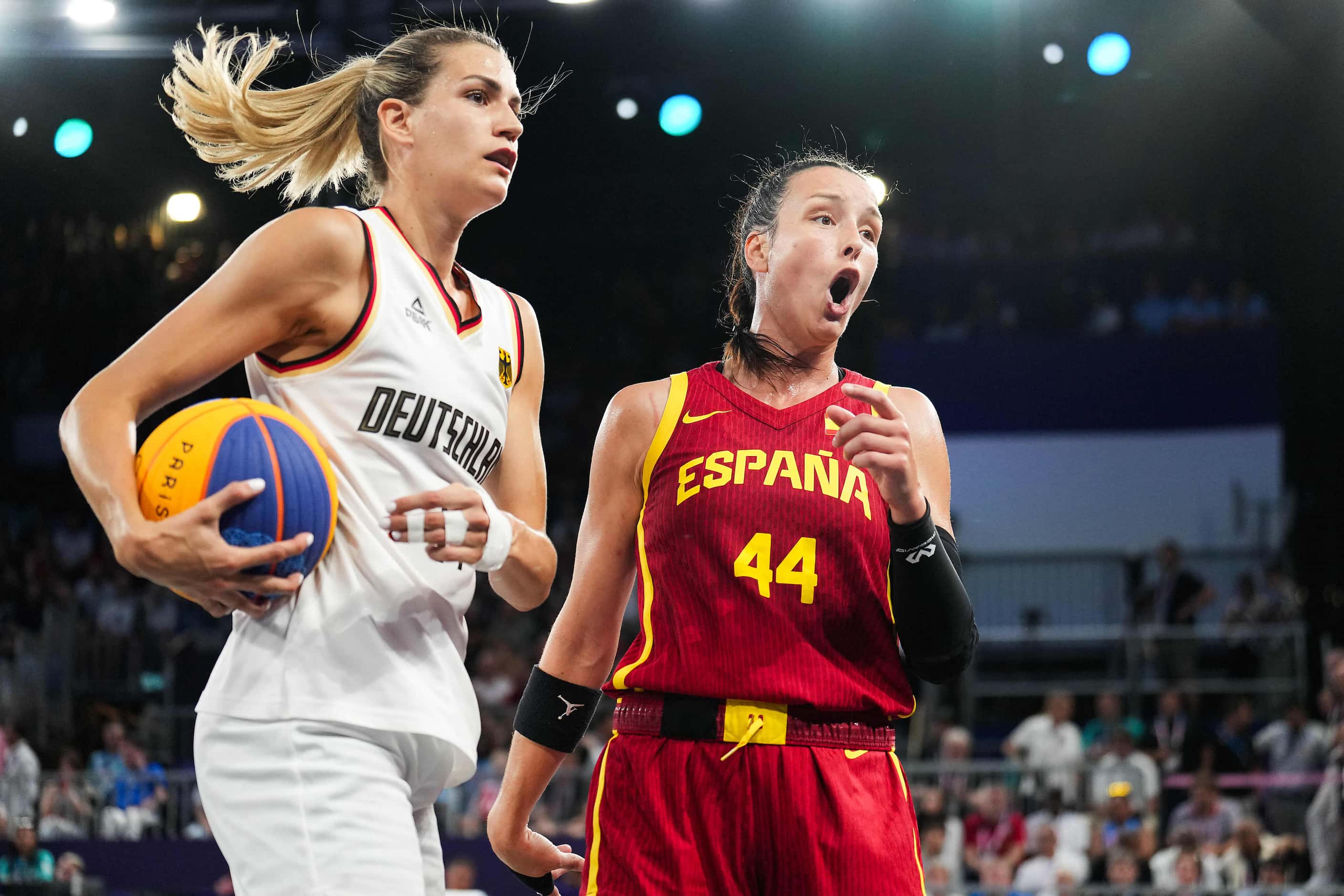 Spain’s Gracia Alonso (44) reacts to a call during the women’s 3x3 basketball gold medal...