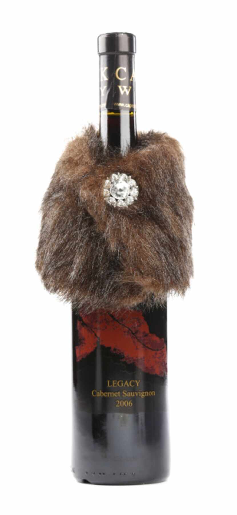 Dress up: Any bottle of wine will be elegant in a faux-fur collar with a crystal button...