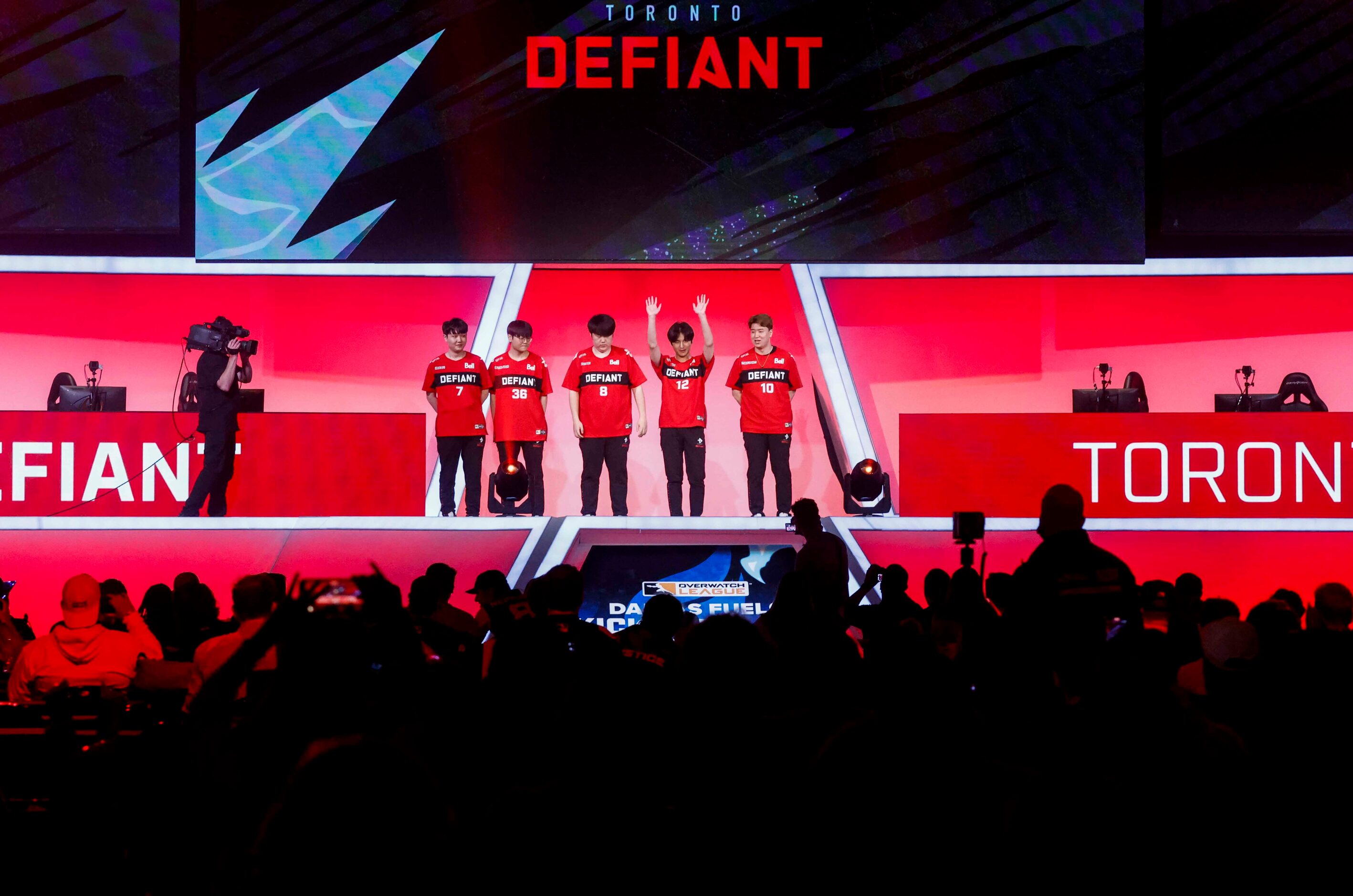 Toronto Defiant walk on the stage ahead of their match against Dallas Fuel during Overwatch...