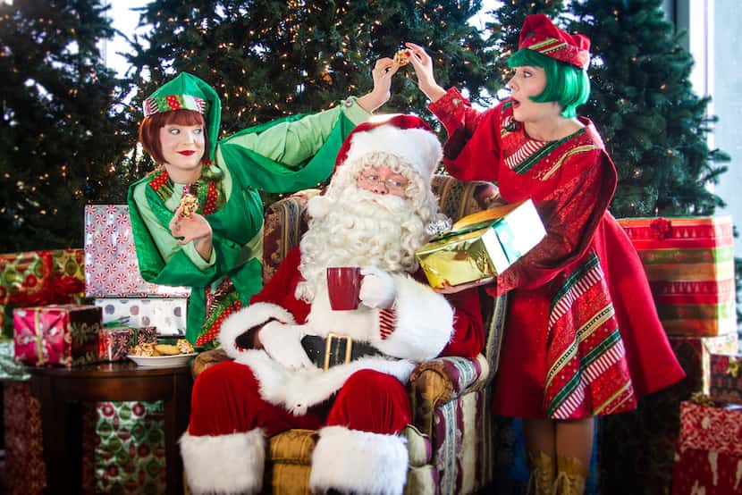 (from l-r) Emily J. Pace, James Chandler, Laura Wetsel (Jangle, Santa, Jingle) in '  Twas...