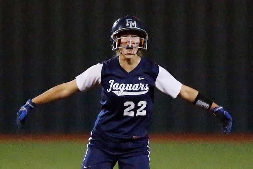 Flower Mound's Maddie Carlock celebrates a double in the fourth inning during a 9-0 victory...