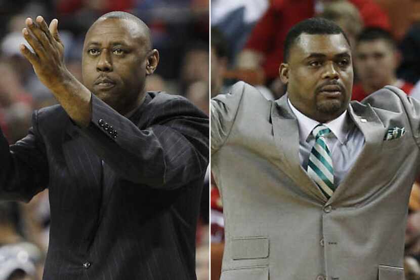 Wilmer-Hutchins head basketball coach John Burley (left) and Dallas Madison head coach...