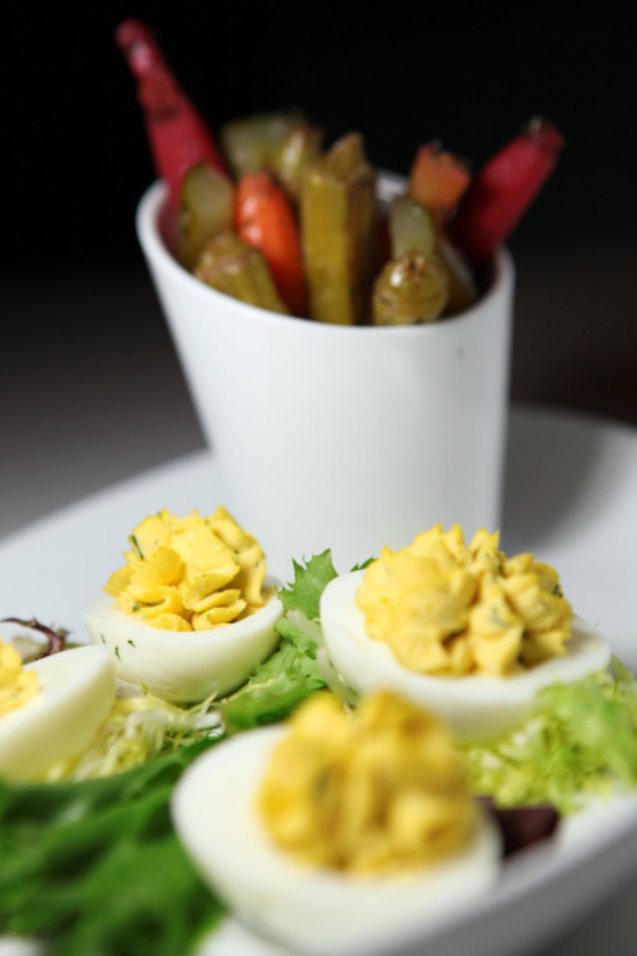 Pickled vegetables and deviled eggs, from The Front Room: A Park Cities Diner