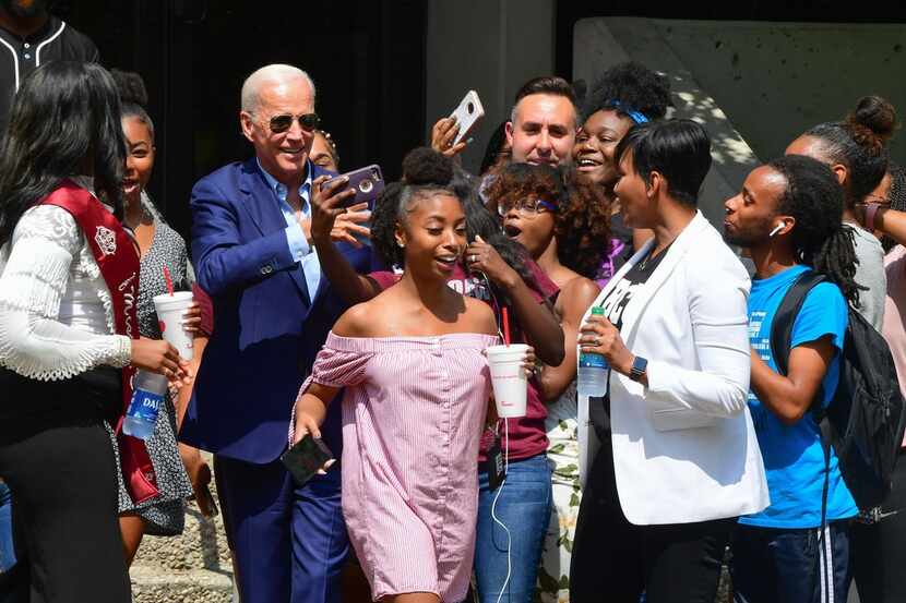 Democratic 2020 presidential hopeful Former Vice President Joe Biden visits with students at...