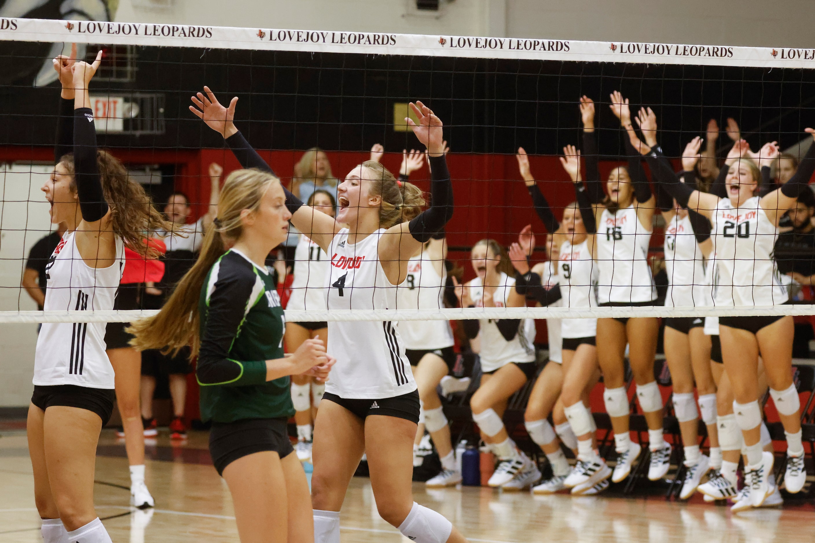 Lovejoy players celebrate a point against Prosper during a season-opening match at Lovejoy...