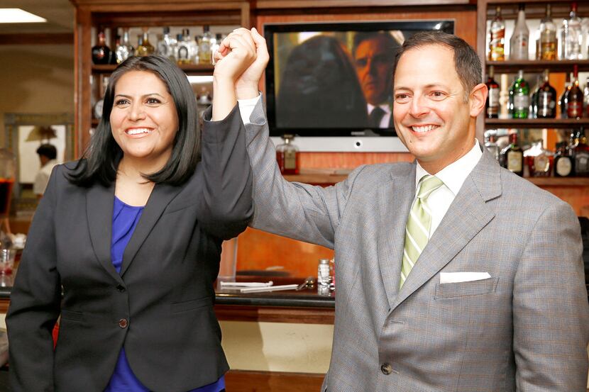 Ana Reyes, Farmers Branch City Council candidate, left, is congratulated by Democrat State...