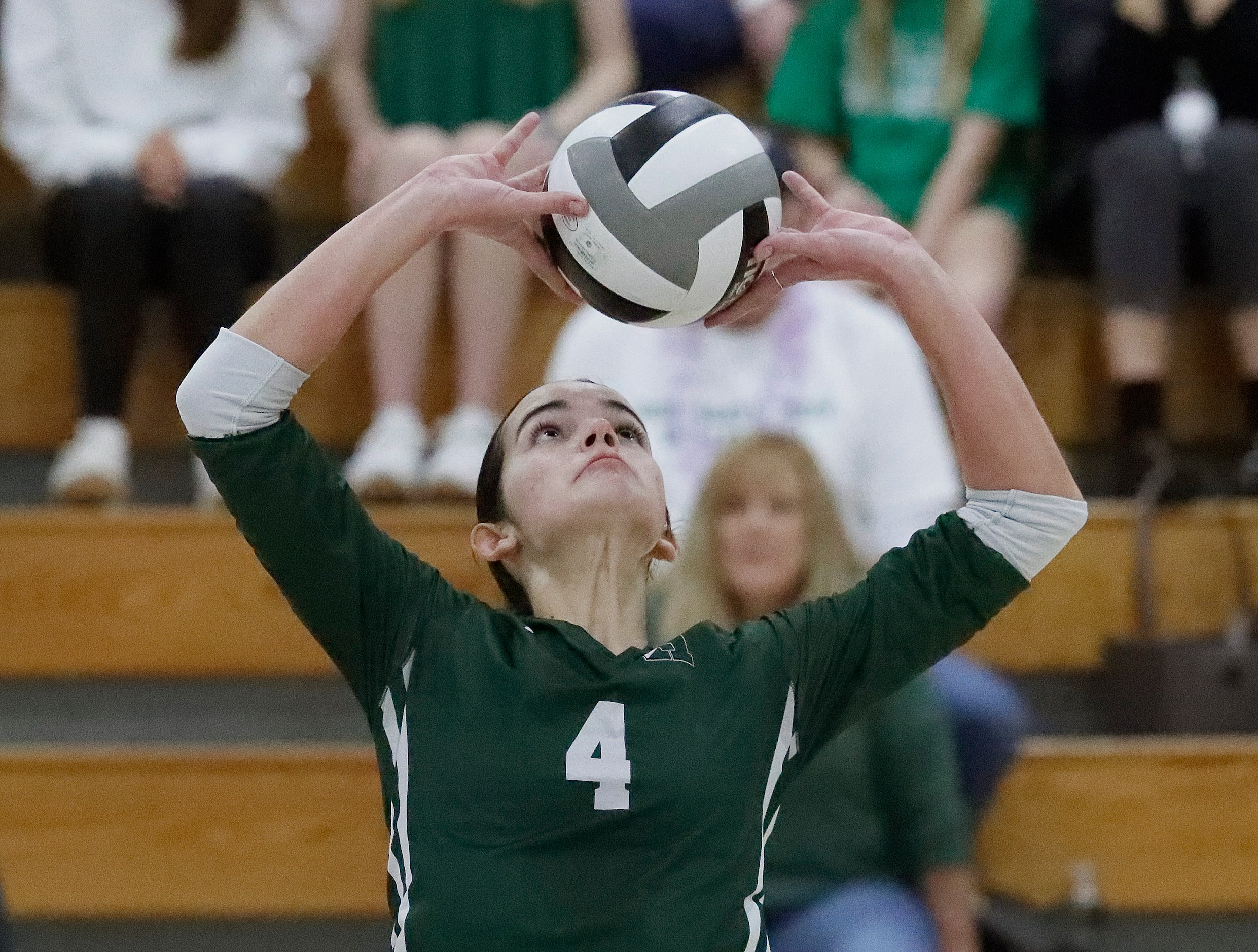 Hockaday setter Campbell Trubey (4) makes a set during game two as Hockaday played Houston...