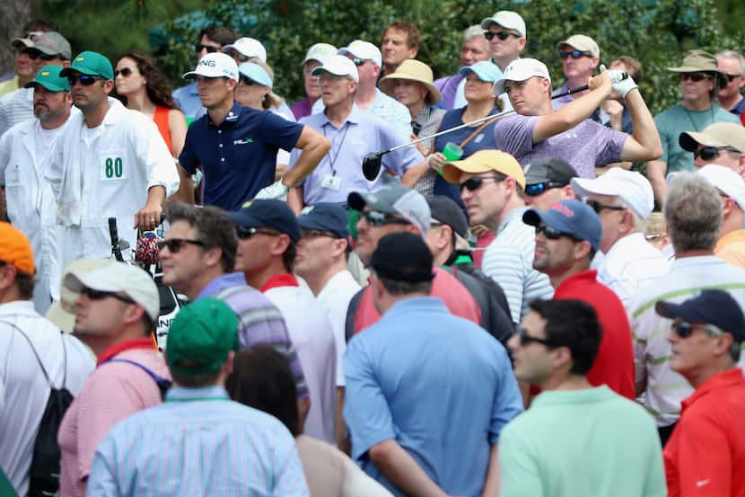 AUGUSTA, GA - APRIL 10:  Jordan Spieth of the United States watches his tee shot on the 15th...