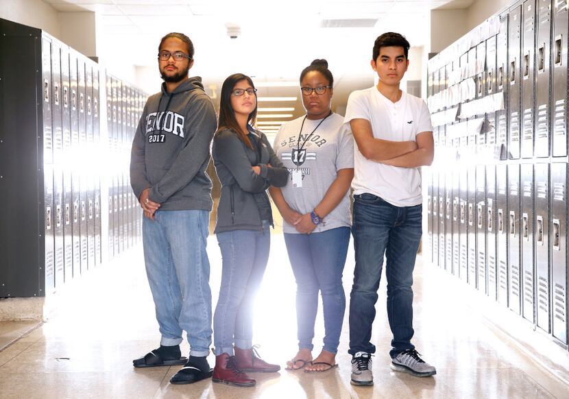 Irving High School AP government students Grant Pearson (from left), Cristella Oviedo, Neah...