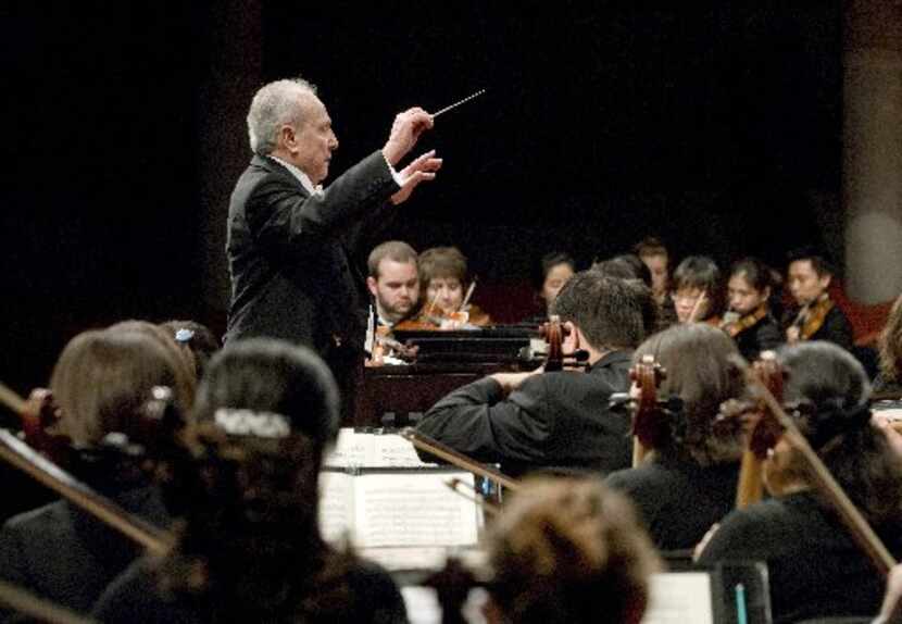 Anshel Brusilow conducts his final concert with the UNT Symphony Orchestra on April 23,...