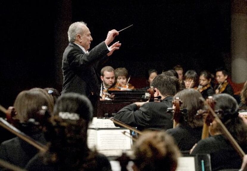 Anshel Brusilow conducts his final concert with the UNT Symphony Orchestra on April 23,...