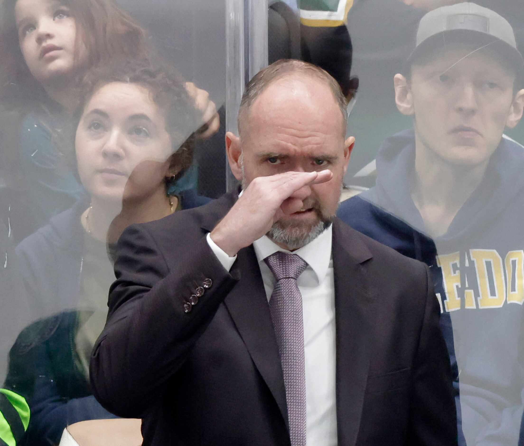 Dallas Stars head coach Peter DeBoer waits for a review following a Buffalo Sabres score in...