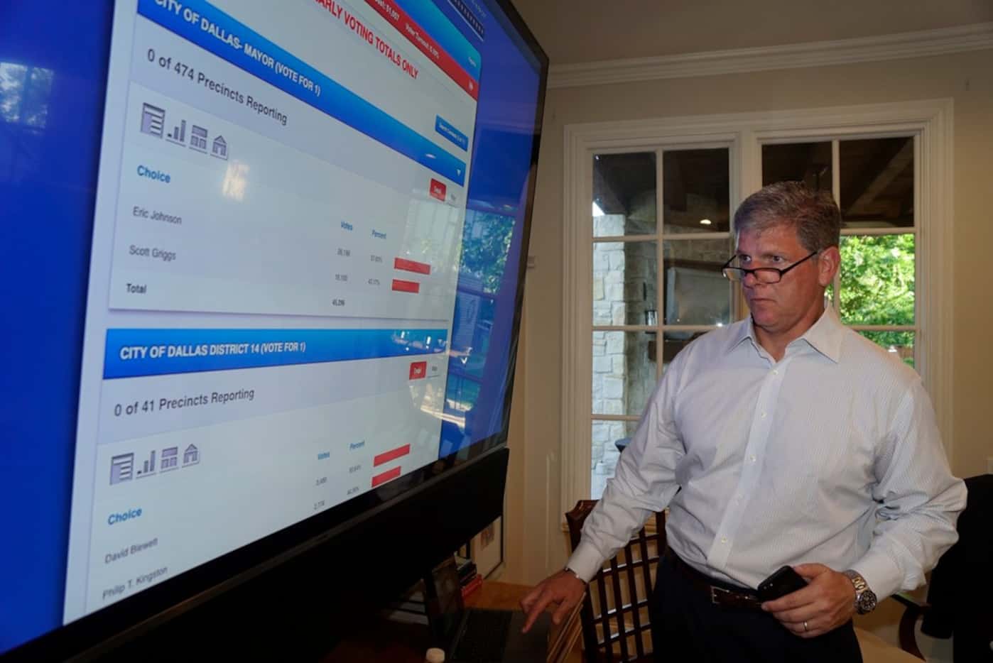 David Blewett watches returns during his run off watch party at a supporter's house in...