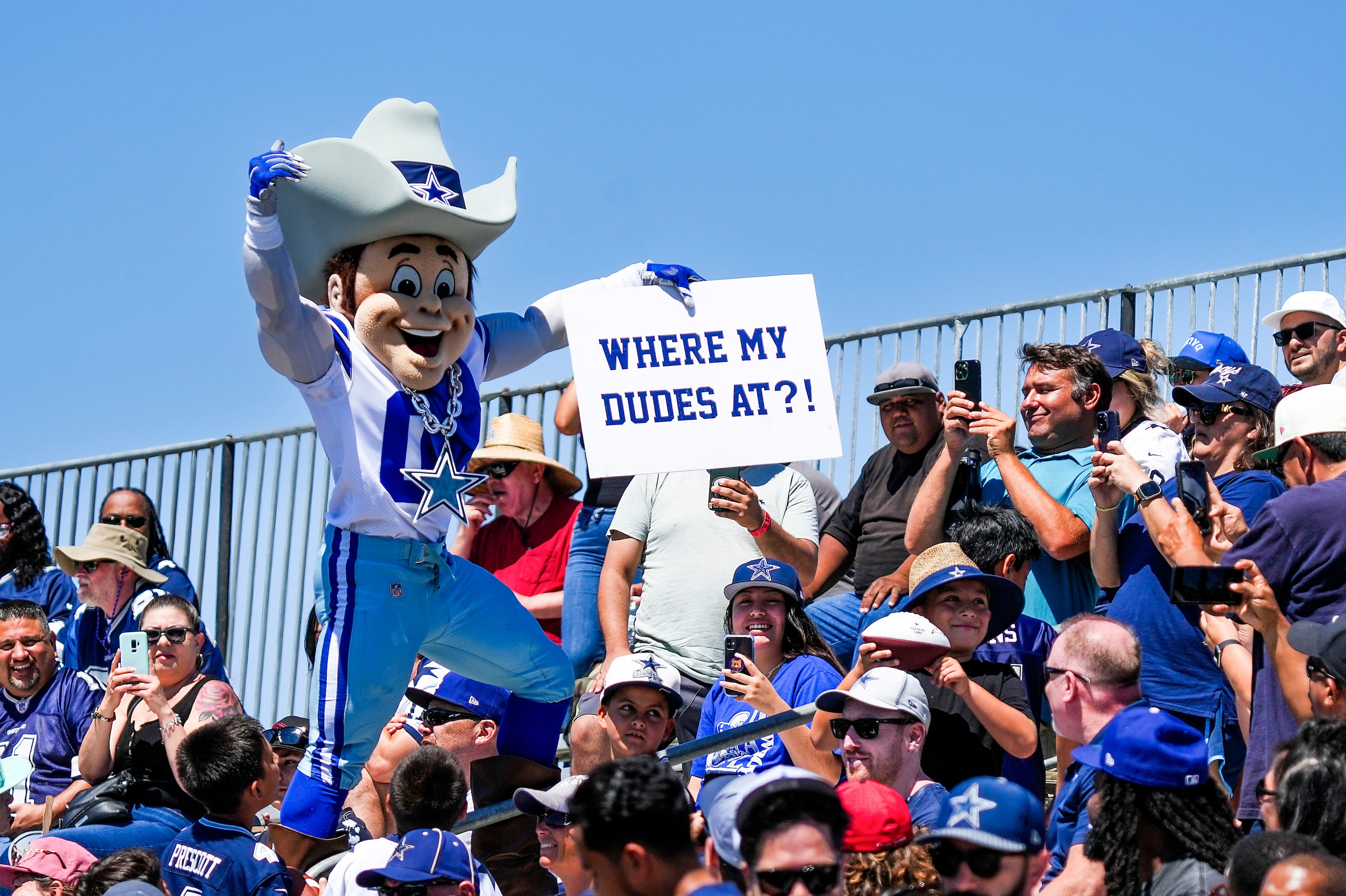 Dallas Cowboys mascot Rowdy tries to fire up the crowd during a training camp practice on...