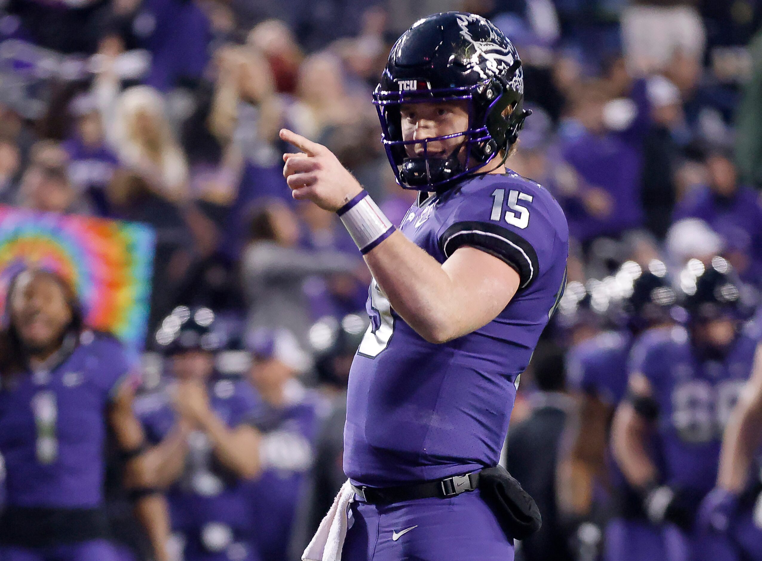 TCU Horned Frogs quarterback Max Duggan (15) points to wide receiver Savion Williams after...