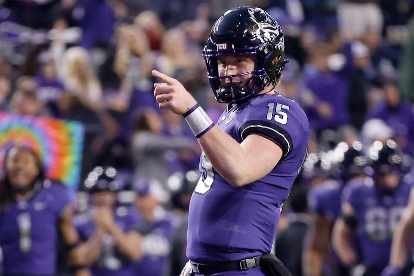 TCU Horned Frogs quarterback Max Duggan (15) points to wide receiver Savion Williams after...