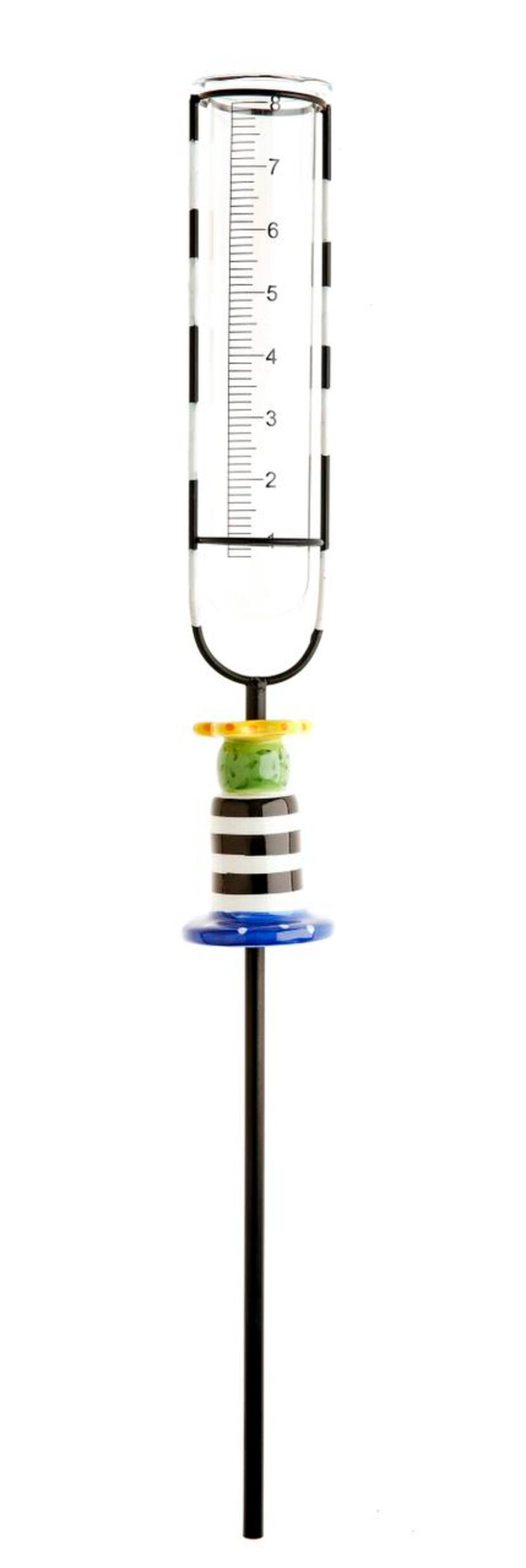 
Both decorative and utilitarian, a ceramic and glass rain gauge includes a steel footing to...