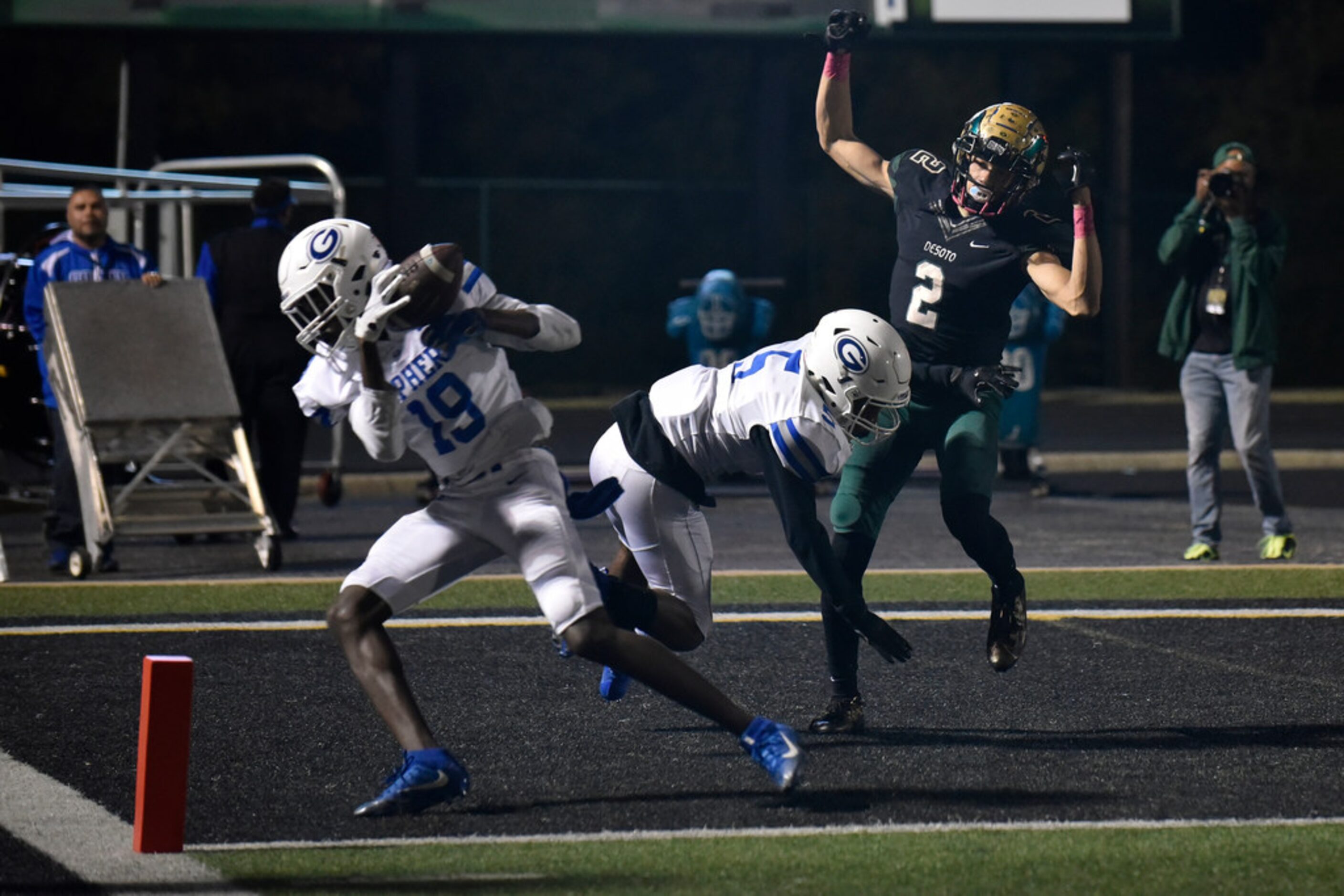 Grand Prairie High School defensive back junior Lamar Champ (19) catches a pass in the...