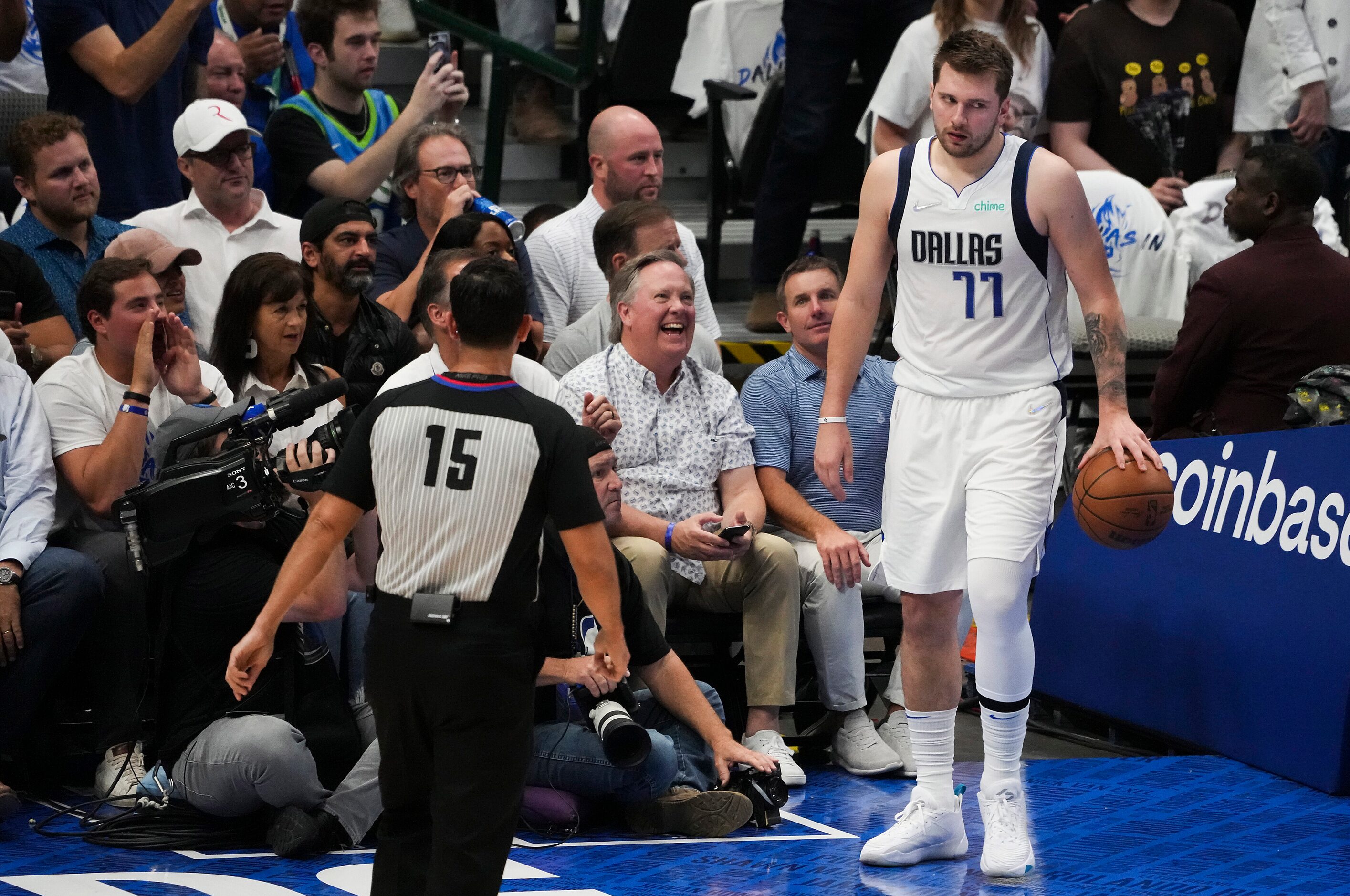 Dallas Mavericks guard Luka Doncic (77) reacts after being fouled during the second quarter...