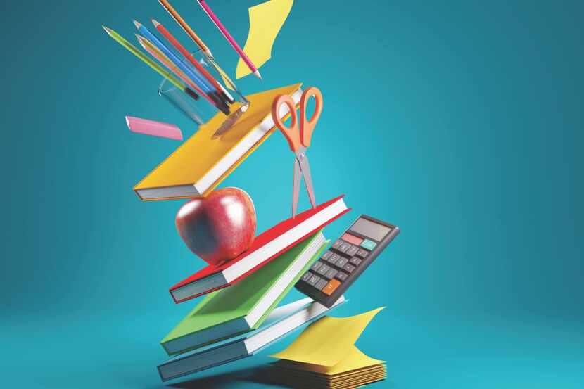 Back to school education concept with falling and balancing school accessories and items. 3D...