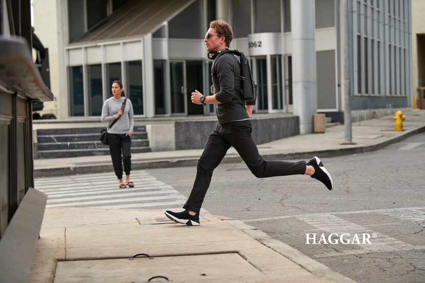 A Haggar ad shows its premium comfort dress pant, which is made with fabric that has fibers...