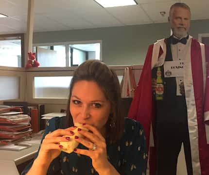 Proof: That's me eating a Whataburger taquito in my Dallas Morning News cubicle.